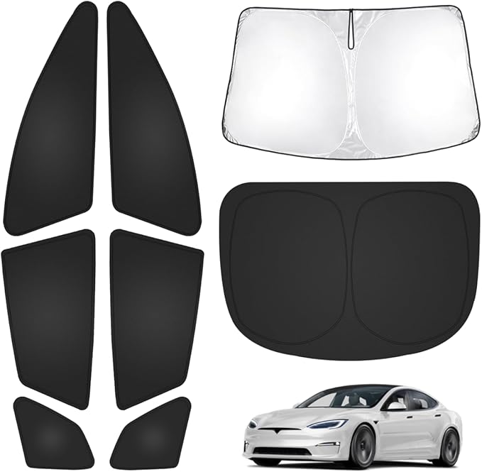 T TGBROS Windshield Sun Shade for Tesla Model S Plaid 2021-2025 2026 Car Window Shades Thicken UV Block and Blackout Privacy Foldable Sunshades 8PCS Accessories Keep Cool Sun Visor Covers