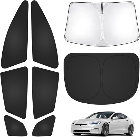 T TGBROS Windshield Sun Shade for Tesla Model S Plaid 2021-2025 2026 Car Window Shades Thicken UV Block and Blackout Privacy Foldable Sunshades 8PCS Accessories Keep Cool Sun Visor Covers
