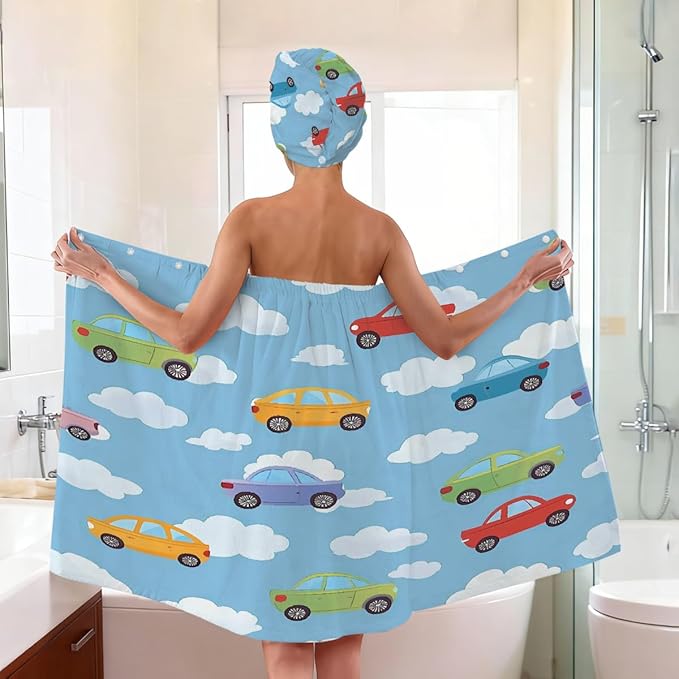Women Bath Wrap Hair Towel Drying Cap Set Colorful Adorable Cars Clauds Soft Absorbent Bathrobe Shower Wraps with Adjustable Closure Spa Bath Robe