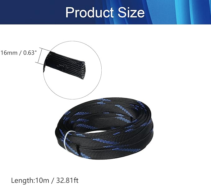 Aicosineg 32.81ft PET Flexible Braided Cable Sleeve 0.62inch Width Wire Loom Sleeving and Organizer Flexible Wire Mesh Sleeve for TV Audio PC Cords from Pets Chewing Black and Blue