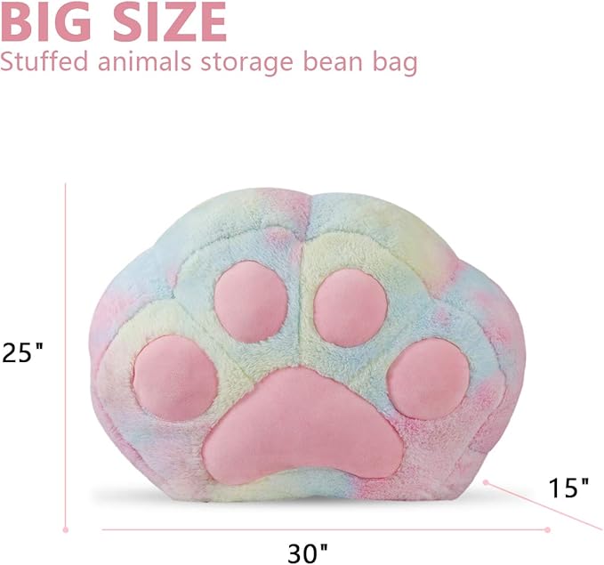 cuebear Stuffed Animal Storage Bean Bag Chair Cover for Kids Tie Dye Cat's Paw Bean Bag Cushion for Girls Large Size Toy Organizer Cover Only Without Filling