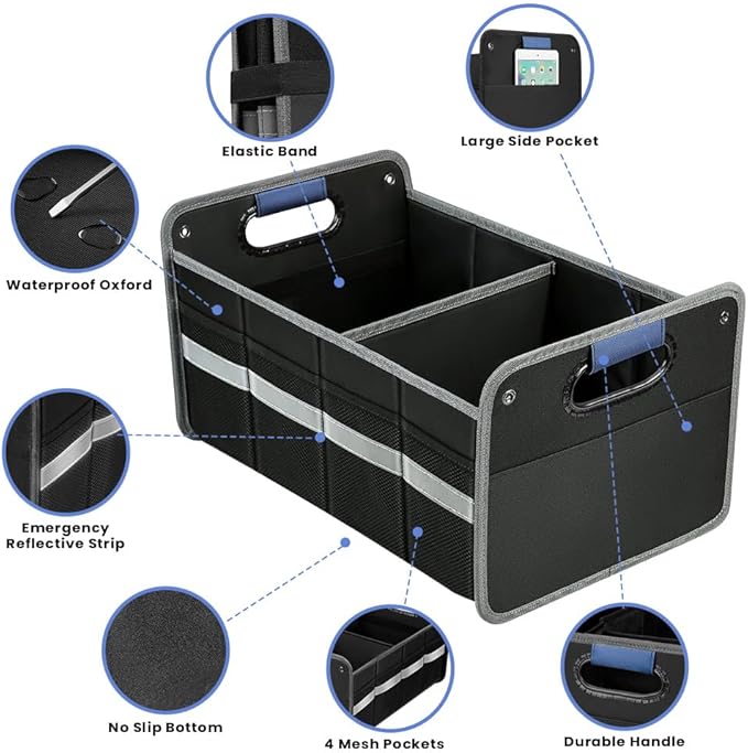 Car Trunk Organizer for SUV, Car Storage Organizer Reinforced Handles, Collapsible Multi-Compartment Foldable and Waterproof Car Organizer for Car Suv, Sedan, Truck, Minivan