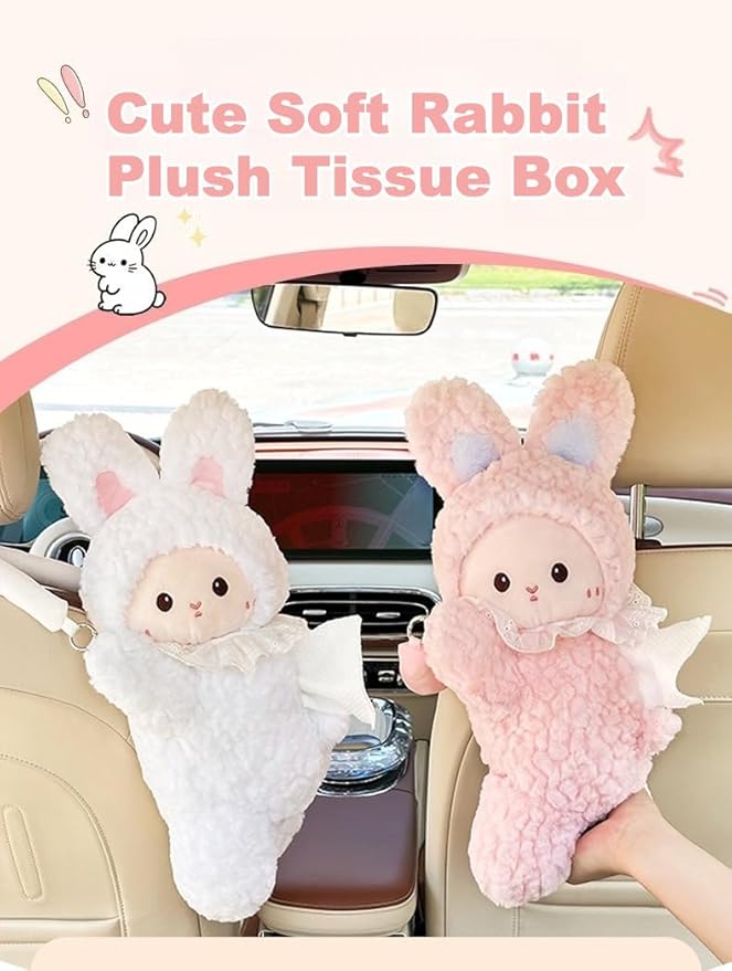 Car Tissue Holder Plush Animal Paper Towel Box Cute Rabbit Hanging Backseat Organizer for Cars Adorable Decorative Tissue Dispenser (Yellow Rabbit)