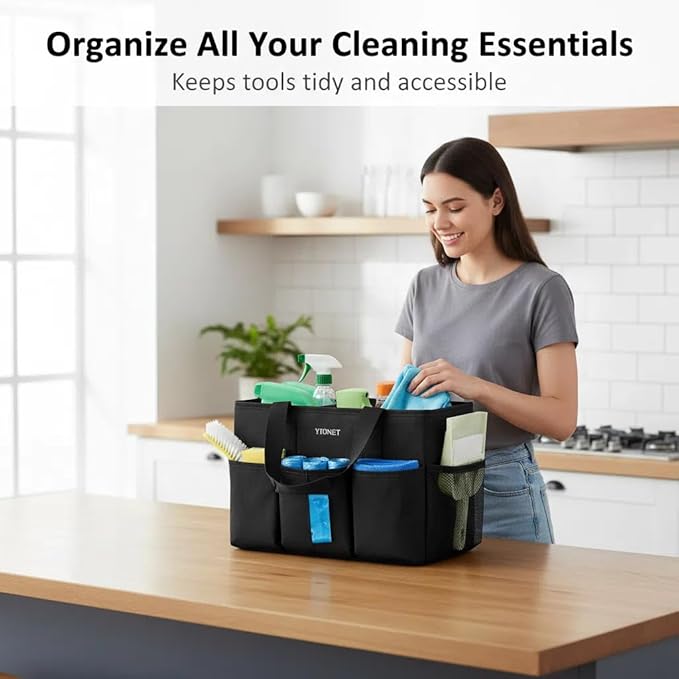 Ytonet Cleaning Caddy Bag, Large Cleaning Supplies Organizer with Handle & Foldable Divider for Cleaners, Water Resistant Housekeeping Supplies for Kitchen, Car Tool Caddy Organizer Bag, Black