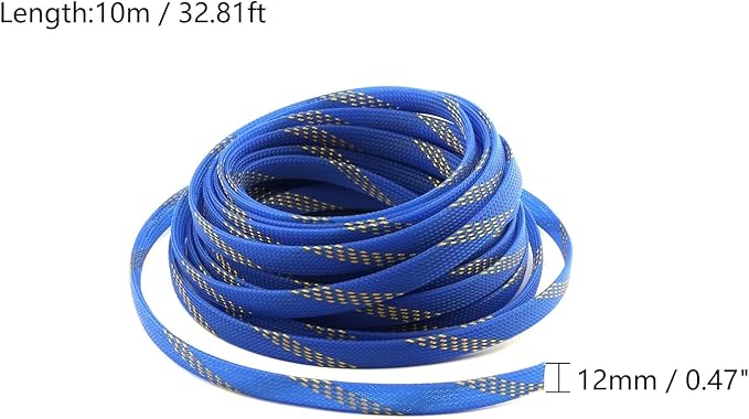 Aicosineg Cable Sleeve Braided Sleeving PET Wire Loom Tubing Cable 32.81ft-4/9inch Wrap Protector for HiFi Audio and Video Headphone Cable Protect Wires from Chewing of Pets Blue and Gold