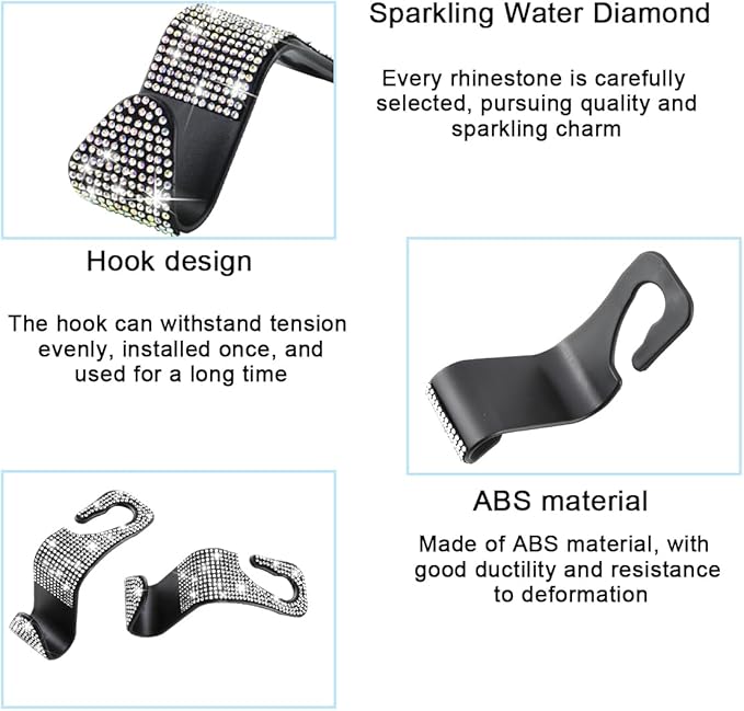 Mandark 4PCS Bling Car Seat Headrest Hooks, Crystal Rhinestone Vehicle Seat Back Hanger for Grocery Purses Handbags, Diamond Auto Seatback Storage Organizer Hanger, Universal for Most Cars (Blue)