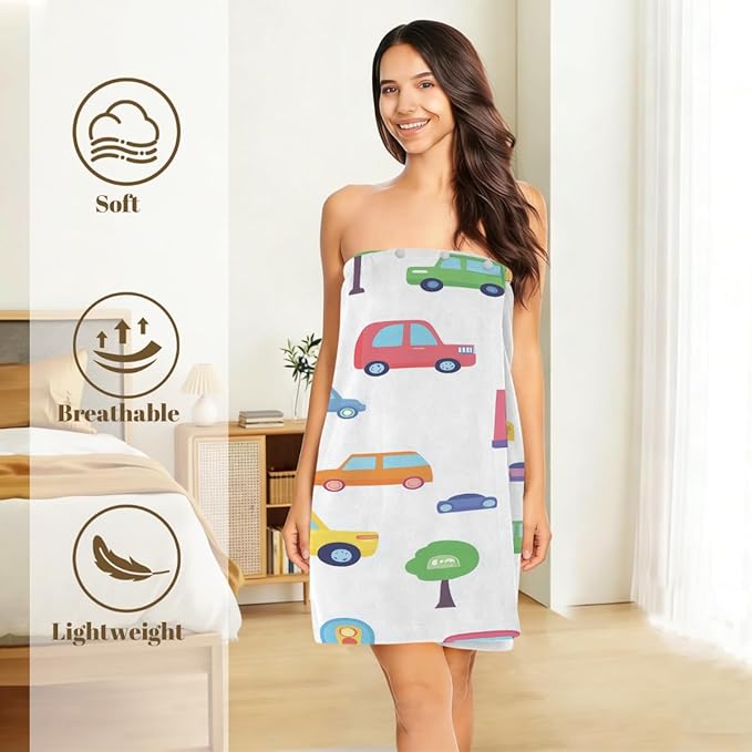 Towel Wrap for Women, Wearable Towel Dress Spa bathrobe with Adjustable Closure(Colorful Cartoon Car)