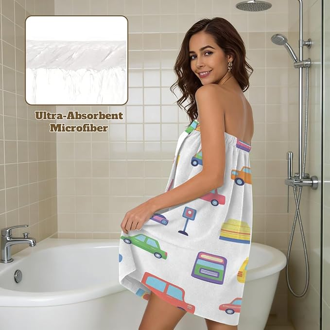 Towel Wrap for Women, Wearable Towel Dress Spa bathrobe with Adjustable Closure(Colorful Cartoon Car)
