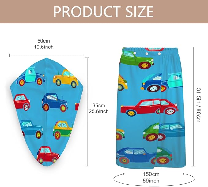 Women Bath Wrap Hair Towel Drying Cap Set Cartoon Car Pattern Soft Absorbent Bathrobe Shower Wraps with Adjustable Closure Spa Bath Robe