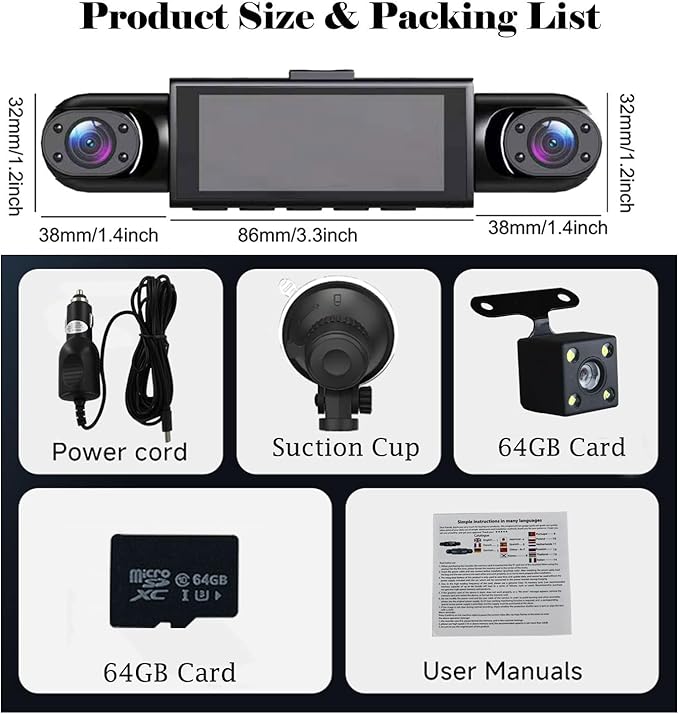 4 Channel Dash Cam 360° View, 1080P Front and Rear Inside, Left Right Dash Camera for Cars, Night Vision, WiFi & APP Control, G-Sensor, Loop Recording with 64GB SD Card (Y108WiFi+64G)