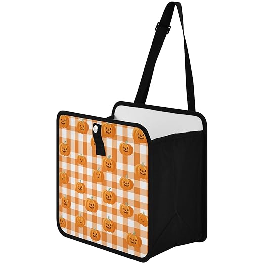 Car Trash Can Organizer Bin with Adjustable Strap for Back Front Seat Console Waterproof Leakproof Collapsible Portable 11 Inch Halloween Orange Plaid Pumpkin Heads