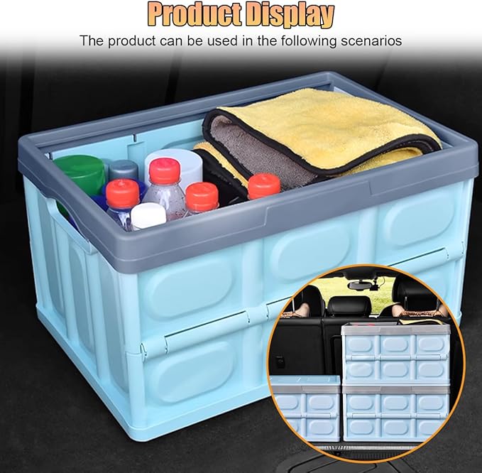 Car Trunk Organizer, Foldable Plastic Cargo Storage Box with Lid, Large Car Tool Container with Handles, Universal Automotive Organization Accessories for Camping, Groceries (Blue)