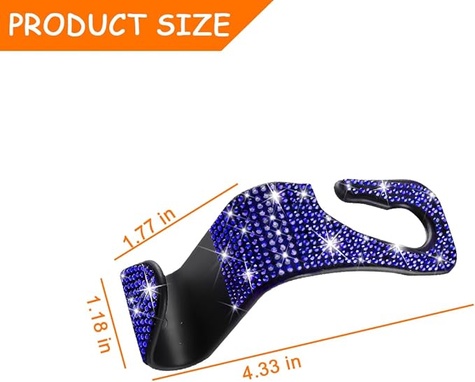 Mandark 4PCS Bling Car Seat Headrest Hooks, Crystal Rhinestone Vehicle Seat Back Hanger for Grocery Purses Handbags, Diamond Auto Seatback Storage Organizer Hanger, Universal for Most Cars (Blue)