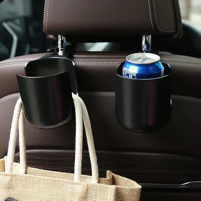 Car Seat Headrest Hook Organizer with Cup Holder - Universal Vehicle Storage Hanger for Handbags, Groceries, Backseat Organizer, Car Accessories Fit All Cars(Black)