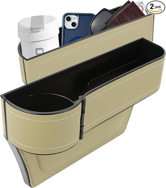 Car Seat Gap Filler Organizer, Multifunctional Car Seat Organizer with Adjustable Cup Holder, Leather Car Seat Gap Storage Box for Holding Phones, Coins, Cards, Keys, Pens (Beige)
