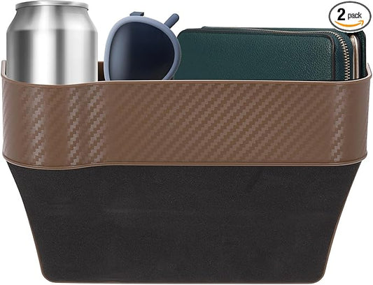 HARFINGTON Car Seat Gap Filler Organizer 10.2 x 6.5 x 2.8 Inch PP Universal Car Organizer Storage Box Between Seat and Console (Left) with Cup Holders for Phone Sunglasses Keys, Brown