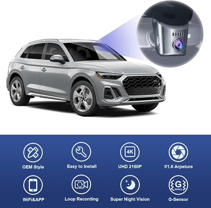 Fitcamx 4K Dash Cam Adapts for Audi 2019-2026 A4 A6 Allroad A3 A5 Q5 S4 S6 Q7 A8 Q8 S8 TT A7 S5 Q3 e-tron (Model A), OEM Look, Loop Recording, 2160P UHD Video, WiFi & APP, Parking Mode, 64GB Card