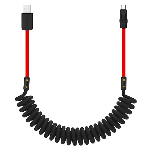 chubbycable Curly Chubby 120W Coiled USB C Cable Retractable Fast Charging Cable for Car Charger Cord Compatible with iPhone 17-15 Series, Black+Red, USB-A to Type-C, 2.29FT-3.6FT