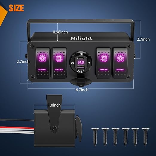 Nilight 4 Gang Rocker Switch Box 12V SPST ON Off Toggle Switches PD Type C and QC 3.0 USB Sockcet Voltmeter Purple LED Light Waterproof Aluminum Mount Bracket Panel DIY Stickers for Boat Car RV Truck