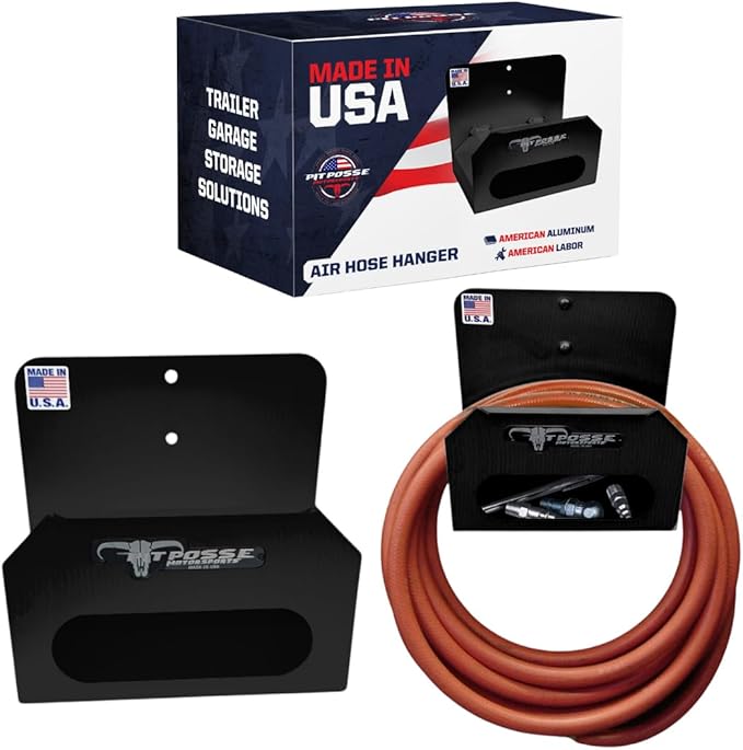 Pit Posse PP3188BK Air Hose Hanger Storage Organizer - Made in USA - Enclosed Trailer Shop Garage Automotive Accessories - Aluminum Cord Cable Hose Holder - Rust Resistant - Powder Coated Black