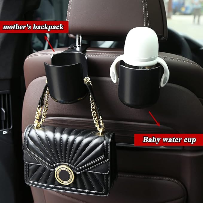 Car Seat Headrest Hook Organizer with Cup Holder - Universal Vehicle Storage Hanger for Handbags, Groceries, Backseat Organizer, Car Accessories Fit All Cars(Black)