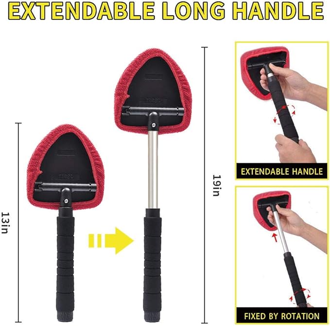 Windshield Cleaner Tool, Car Wash Brush, Car Window Cleaner Tool with Extendable Handle and 2 Pack Washable Reusable Cloth, Car Cleaning Supplies, Car Wash Brush with Long Handle
