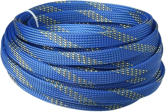 Aicosineg Cable Sleeve Braided Sleeving PET Wire Loom Tubing Cable 32.81ft-2/5inch Wrap Protector for HiFi Audio and Video Headphone Cable Protect Wires from Chewing of Pets Blue and Gold