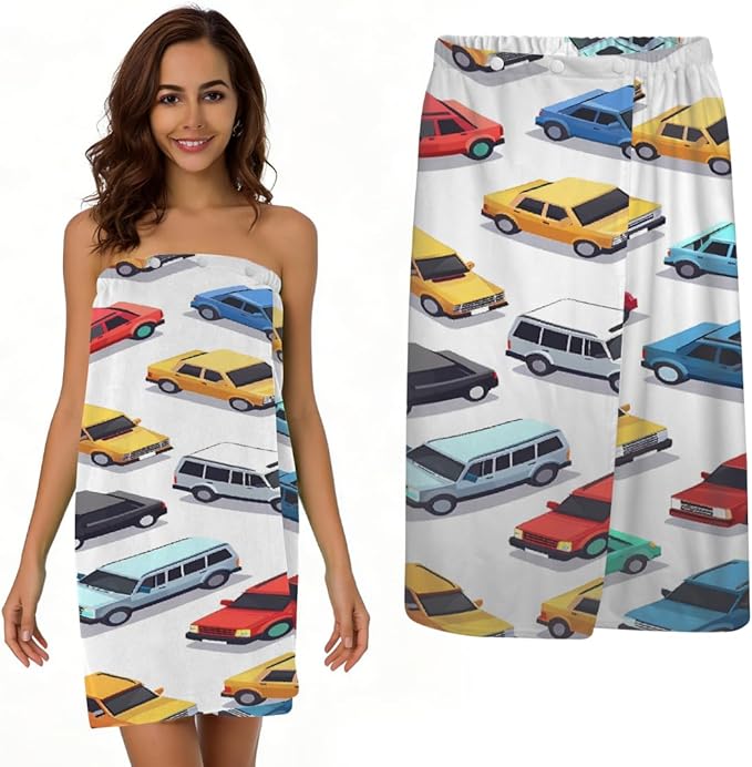 Women's Bath Wrap Colorful Cars Pattern Absorbent Shower Spa Body Bath Robe Wraps Bathrobe Towel with Adjustable Closure