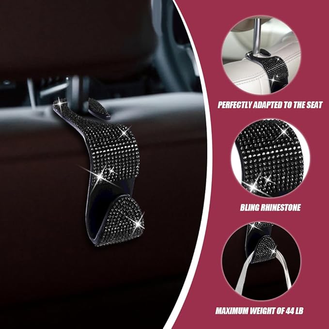 deemars 2 Pack Car Seat Headrest Hook, Bling Car Hooks Front Seat, Back Seat Organizer Hanger Storage Hook Car Purse Hook for Bags, Clothes, Coats, Grocery Bags (Black)
