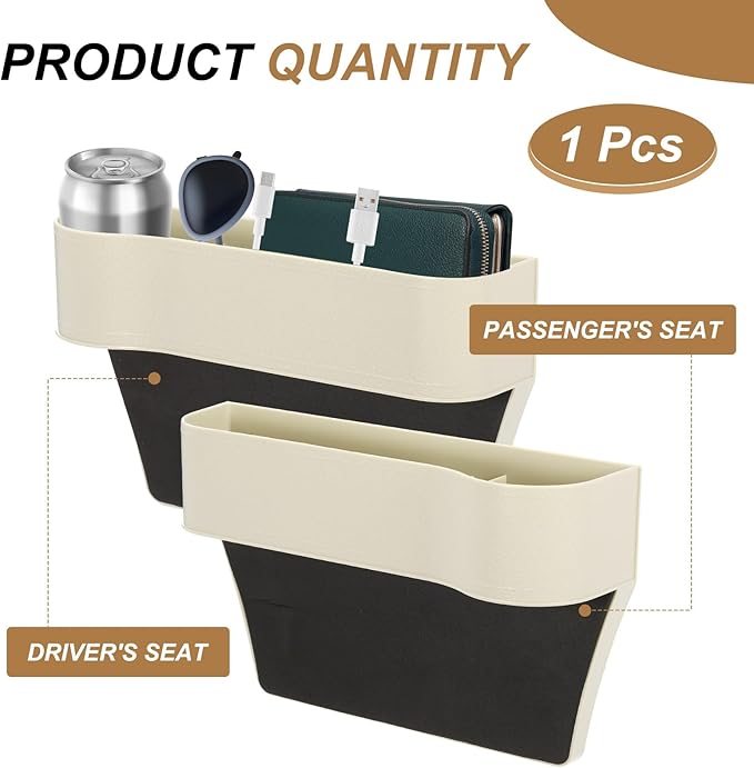 HARFINGTON Car Seat Gap Filler Organizer 10.2 x 6.5 x 2.4 Inch ABS Universal Car Organizer Storage Box Between Seat and Console (Right) with Cup Holders for Phone Sunglasses Keys, Beige