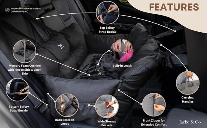 JACKO & CO - Premium Dog Car Seat v2 Booster Seat for Small & Medium Pets Under 40lbs - Machine Washable w Removable Covers, Water Resistant w Clip-On Leash for Back Seat Use (Black Medium (20-40lbs)