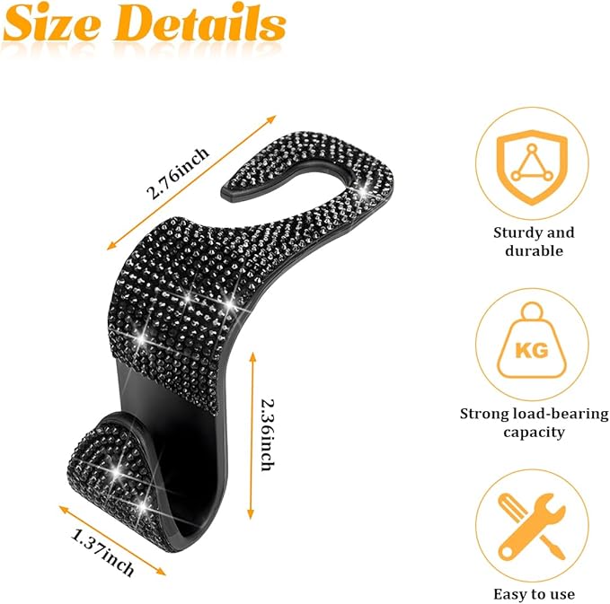 4PCS Bling Car Seat Headrest Hooks, Crystal Rhinestone Vehicle Purse Handbag Coat Hangers Holder, Automotive Interior Storage Organizer Accessories for Women Girls, Universal Fit (Black)