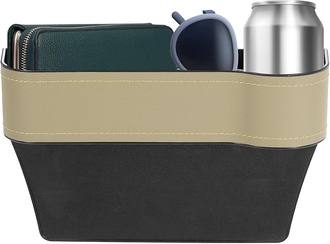 HARFINGTON Car Seat Gap Filler Organizer 10.2 x 6.5 x 3.1 Inch ABS+Leather Universal Car Organizer Storage Box Between Seat and Console (Right) with Cup Holders for Phone Keys, Beige