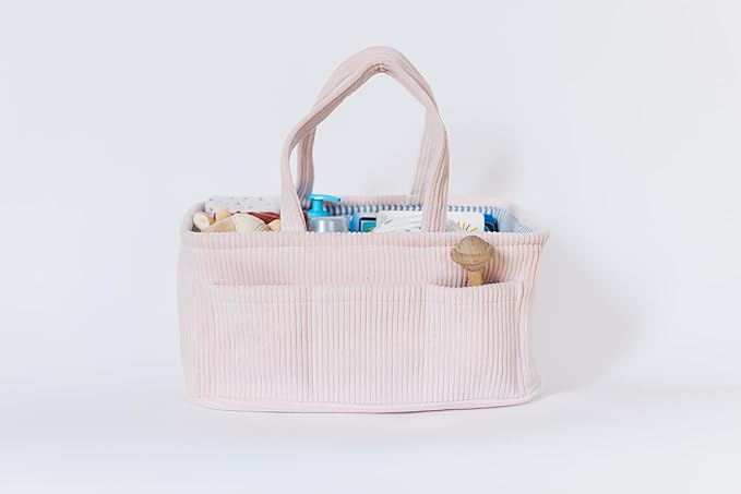 Diaper Caddy Organizer - Baby Pink Curdoroy Baby Storage Bin for Nursery & Car | Baby Shower Basket & registry Essential