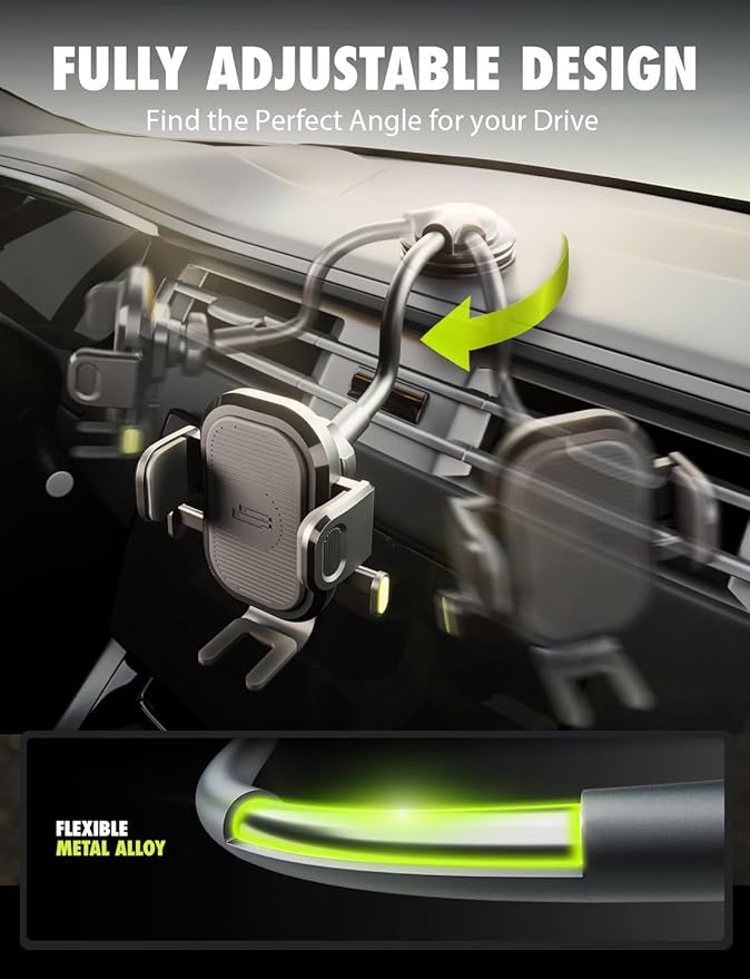 Bracketron OneClick Flexible Phone Holder for Car Dashboard,Windshield & Vent,3 in 1 Car Phone Holder with 7" Adjustable Gooseneck Arm,360 Rotation Car Phone Mount for All iPhone Android Smartphone.