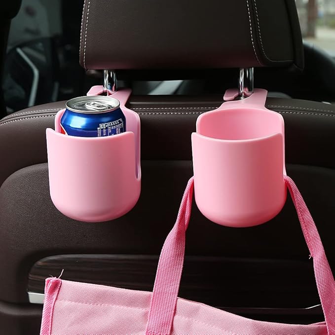 Car Seat Headrest Hook Organizer with Cup Holder - Universal Vehicle Storage Hanger for Handbags, Groceries, Backseat Organizer, Car Accessories Fit All Cars (Pink)