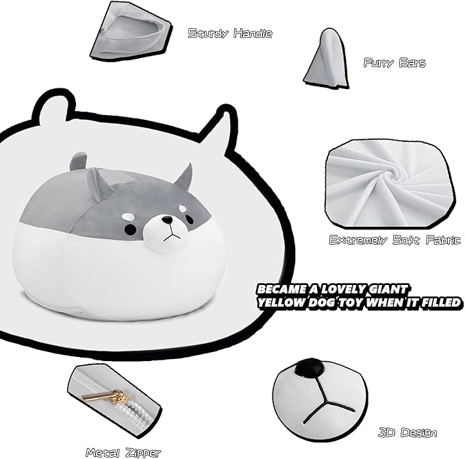 CUEBEAR Stuffed Animal Storage Bean Bag Chair Cover for Kids Grey Shiba Inu Dog Bean Bag Chair for Girls X-Large Size Toy Organizer Cover Only Without Filling