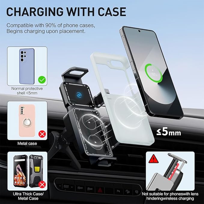 Famous Tech Shop Wireless Car Charger Mount, Car Phone Holder Charger with 15W Fast Charging, Auto Rotation & Dual Mount