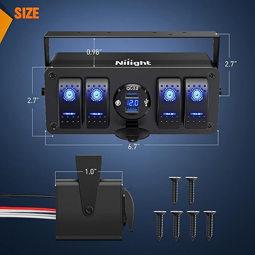 Nilight 4 Gang Rocker Switch Box 12V SPST ON Off Switch QC 3.0 USB Charger Voltmeter Waterproof Aluminum Rocker Switch Panel Night Glow Stickers for Boats Cars RVs Trucks, 2 Years Warranty,Blue