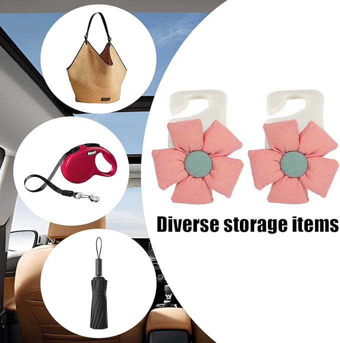 Car Seat Headrest Hooks, 2PCS Cute Flower Vehicle Seat Back Organizer Holder for Purses Bags Grocery, Automotive Interior Storage Hanger Decoration Accessories, Universal Fit (White/Pink)