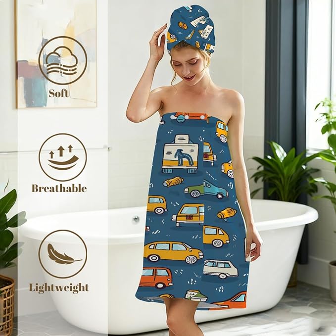 Women Bath Wrap Hair Towel Drying Cap Set Cartoon Cars Pattern Soft Absorbent Bathrobe Shower Wraps with Adjustable Closure Spa Bath Robe