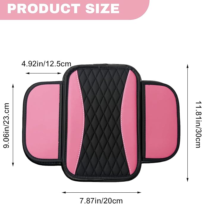 Leather Car Center Console Cover with Side Pockets, Upgraded Arm Rest Cover for Car Seat Organizer, Middle Console Cover Stylish Car Decoration, Universal for Most Vehicles (Pink)