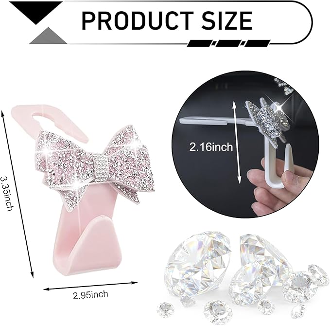 2PCS Bling Car Headrest Hook, Crystal Rhinestone Cute Bow Vehicle Seat Back Hook, PVC Multi-Functional Hook for Handbags Shopping Bags Wallet, Universal for Most Vehicles (Pink)