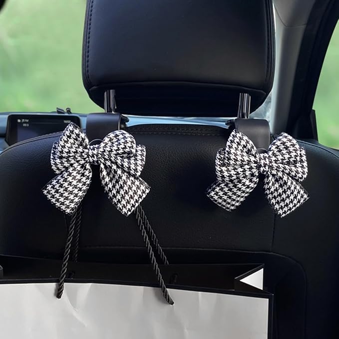 Car Seat Headrest Hook, 2PCS Cute Bow Knot Vehicle Seatback Hanging Storage Organizer, Seat Back Hanger for Purse Coat Umbrella, Universal Automotive Interior Decor Accessories (White/Grid)