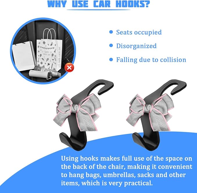 2PCS Car Seat Headrest Hooks, Cute Bow Vehicle Backseat Storage Hanger for Handbag Umbrella Coat, Automotive Seat Back Hook Holder Organizer Decor, Universal for Vehicles (Gray)