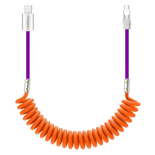 chubbycable Curly Chubby 120W Coiled USB C Cable Retractable Fast Charging Cable for Car Charger Cord Compatible with iPhone 17-15 Series, Orange and Purple, USB-A to Type-C, 2.29FT-3.6FT