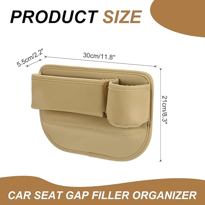 HARFINGTON 2pcs Car Seat Gap Filler Organizer 11.8 x 8.3 x 2.2 Inch PU Universal Car Organizer Storage Box Between Seat and Console (Left+Right) with Cup Holders for Phone Keys, Beige