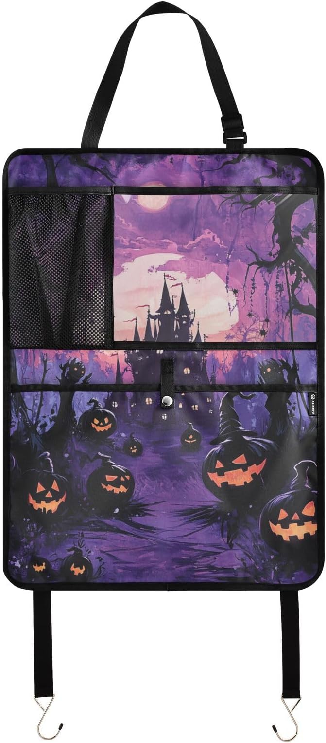 Purple Halloween Bat Pumpkin 2 Pack Backseat Car Organizer with Storage Pockets Seat Back Organizers for Kids Kick Mats Backseat Protector Automotive