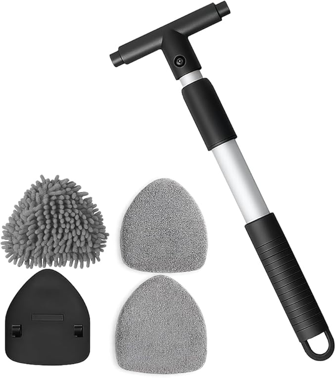 Car Windshield Cleaning Tool, Vehicle Window Cleaner with 3 Reusable Pads & Extendable Handle, Automotive Glass Wiper Wash Kit for Interior Exterior, Universal for Vehicles (Triangular)