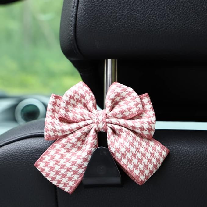 2-Pack Car Purse Hooks for Hanging Purses and Bags, Cute Bow car seat headrest Hooks for Hanging car Purse Hooks. (Houndstooth Pink)